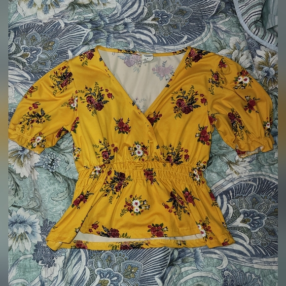 Mustard Yellow with red and white flowers - Picture 1 of 2